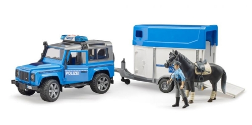 Bruder LR Defender avec remorque à cheval, cheval et officier de police