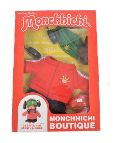 Ensemble de vêtements Monchichi manteau rouge avec serre-tête vert